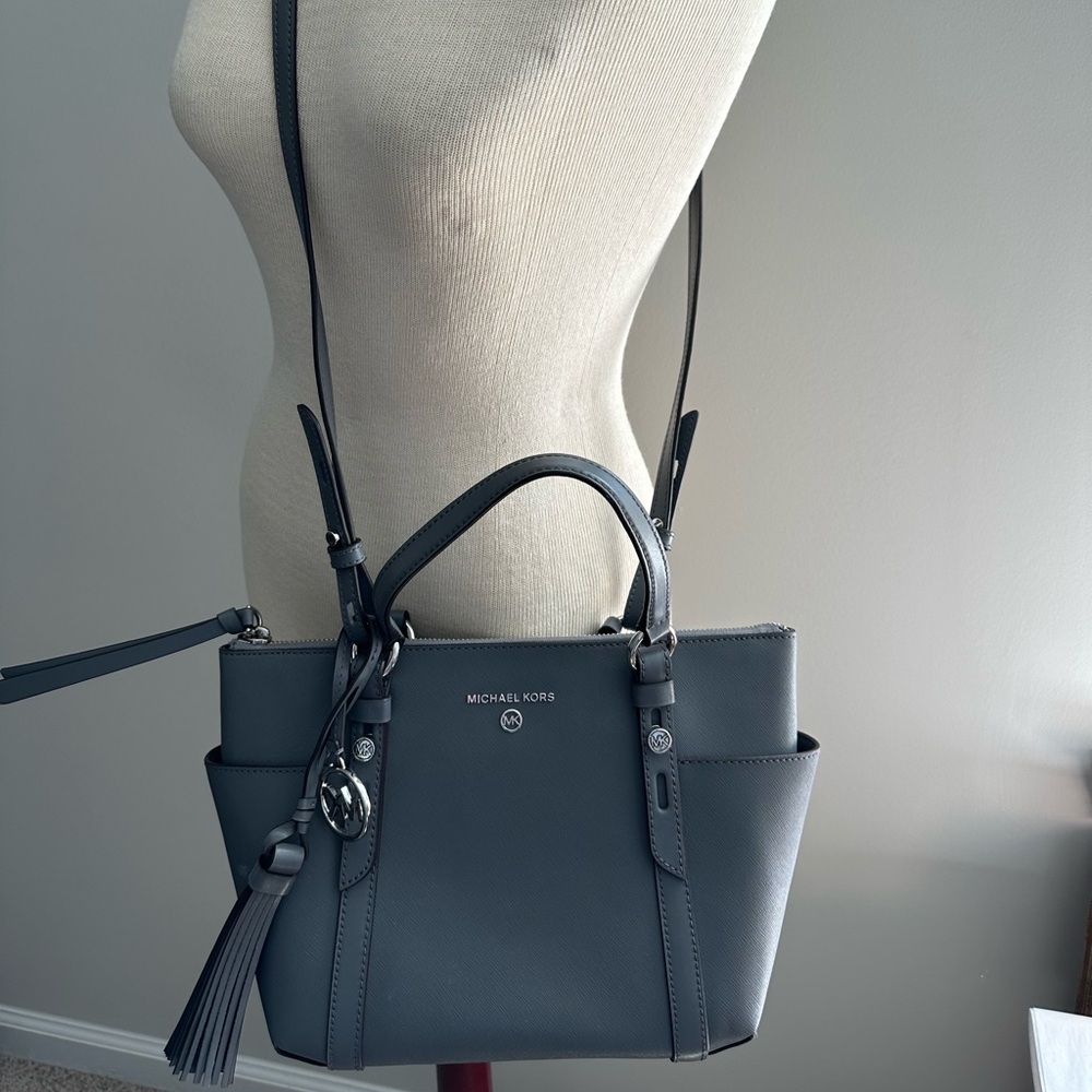 Michael Kors Solid Saffiano Leather Tote Bag Dark Grey - Picture 6 of 8